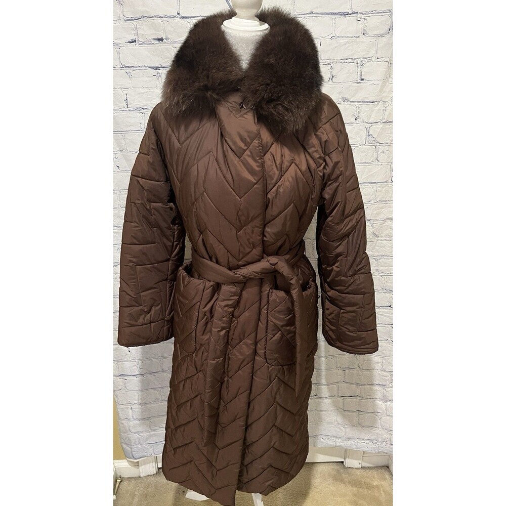 Monica Milano Brown Quilted knee-length, belted puffer coat with a fur collar 4